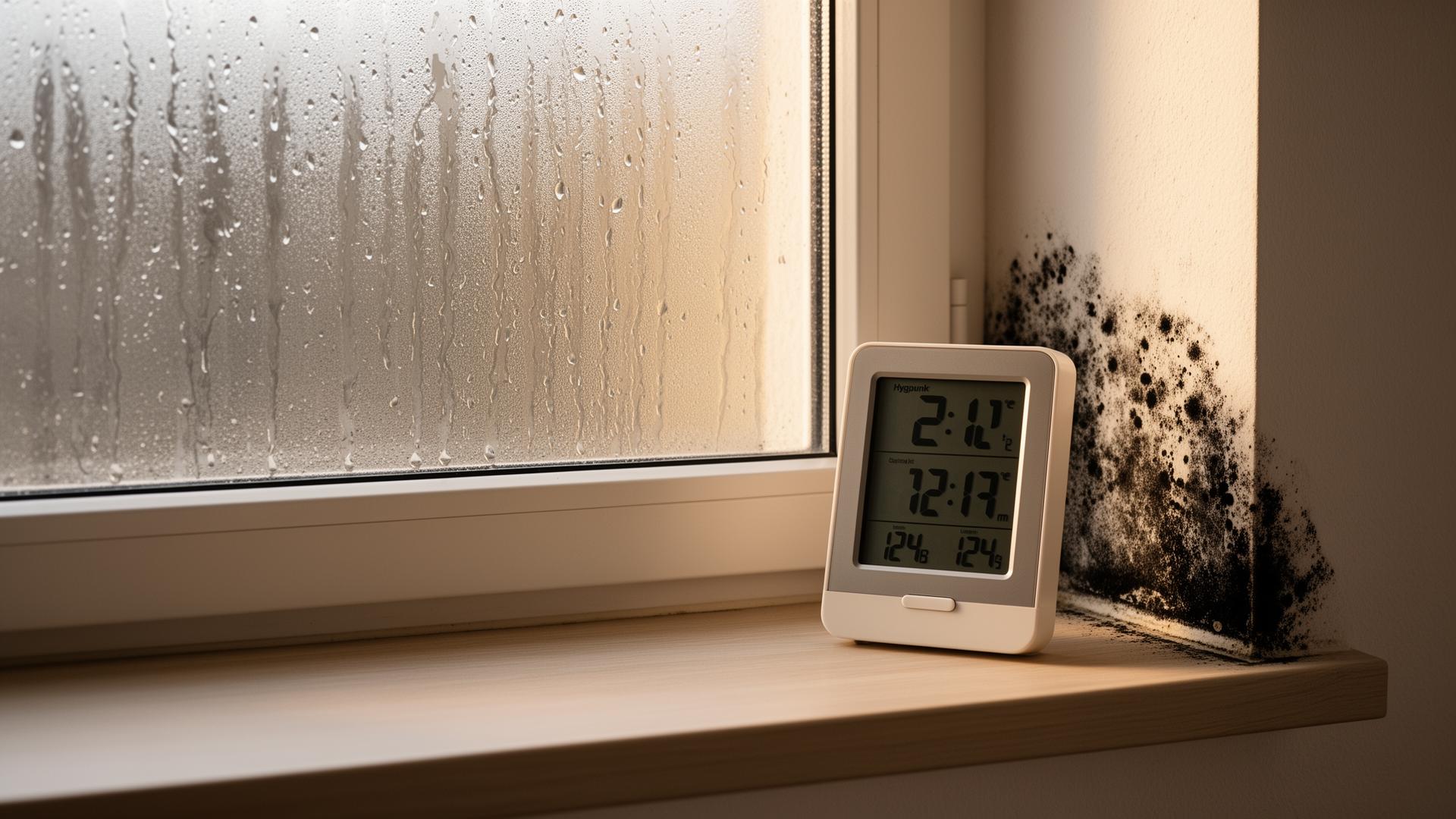 Beschlagenes Fenster mit Hygrometer und Schimmel in der Raumecke – Schimmelrisiko durch hohe Luftfeuchtigkeit