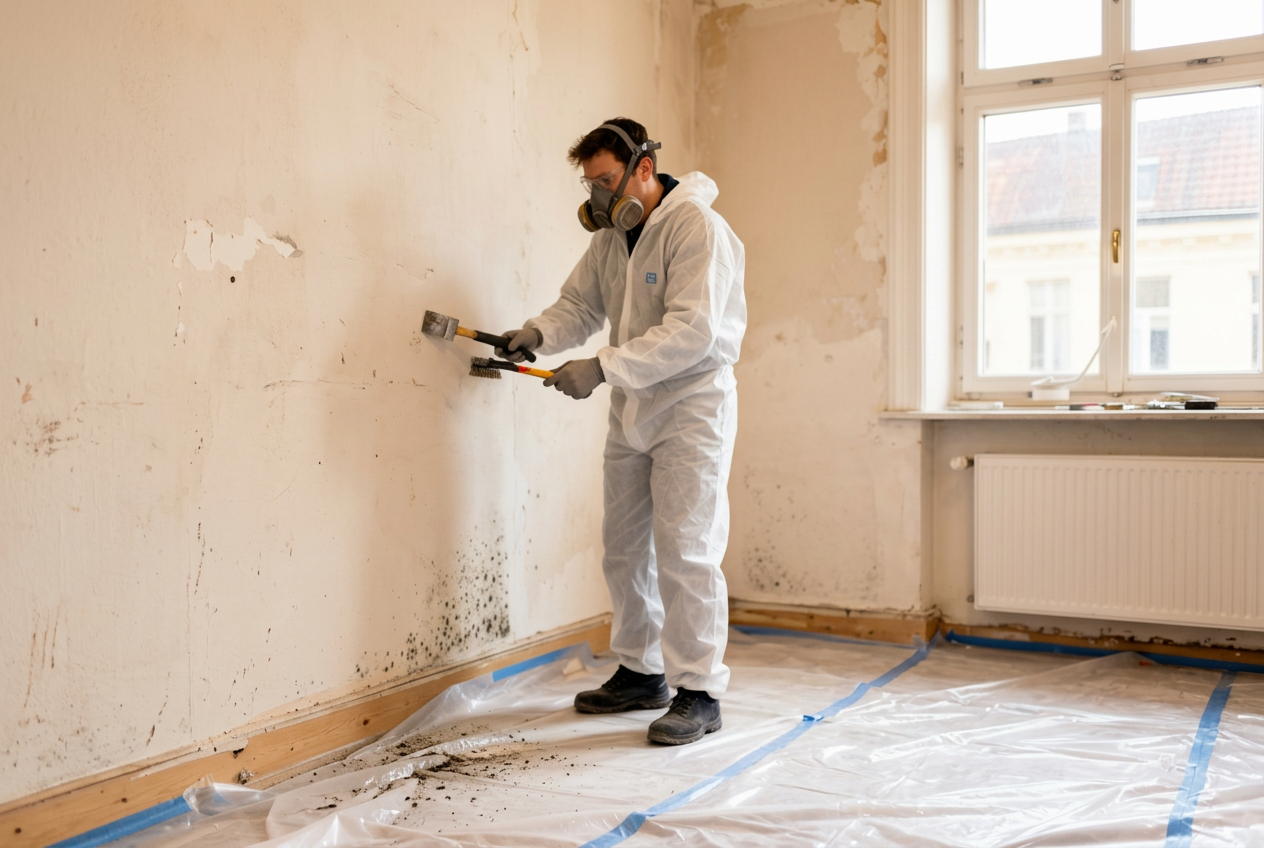 Handwerker entfernt Schimmel in einer Berliner Wohnung mit ALLEGRA HEPA-Luftreiniger 700