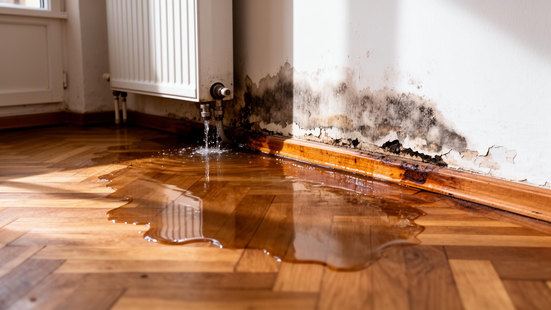 Techniker misst Feuchtigkeit nach Wasserschaden durch defekte Waschmaschine in Berliner Wohnung, daneben Leckortungsgerät